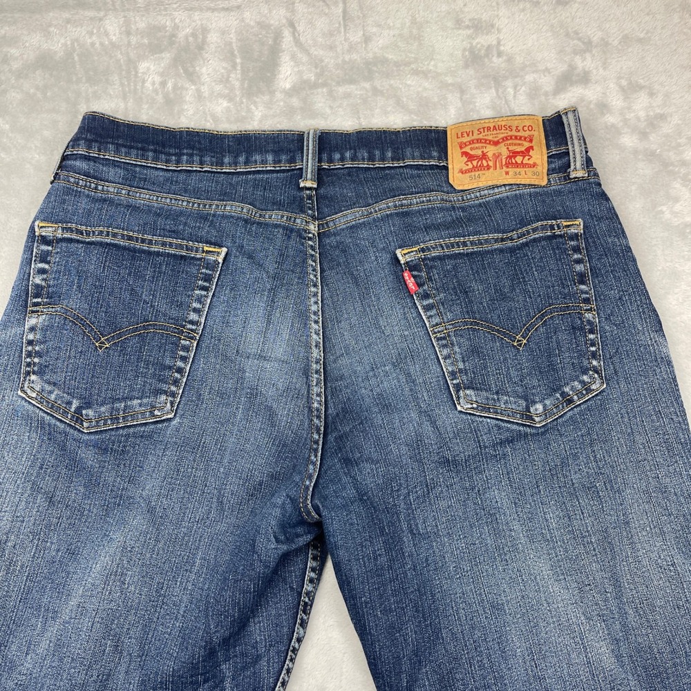 Levi's 514 Jeans Mens 34x30 Blue Denim Faded Double Stitch‎ Red Tab Straight Leg - Picture 4 of 10
